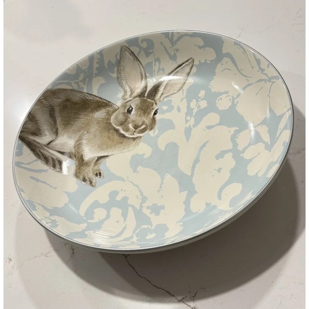 Williams Sonoma Damask Easter Bunny Large Round 3 Qt 12 3/4 Serving Bowl Lt Blue